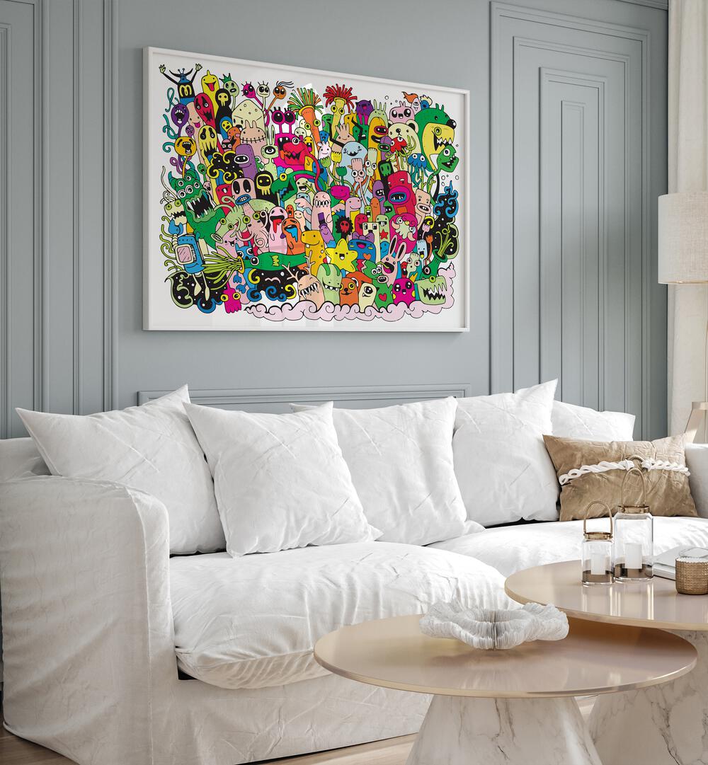 Monster Fun Doodle Art Painting in White Plain Frame placed on wall behind a sofa