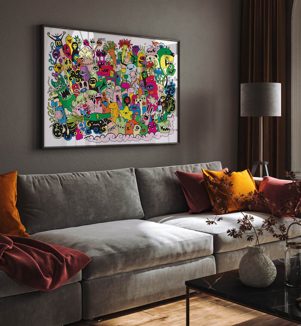 Monster Fun Doodle Art Painting in Black Plain Frame placed on a wall behind a sofa