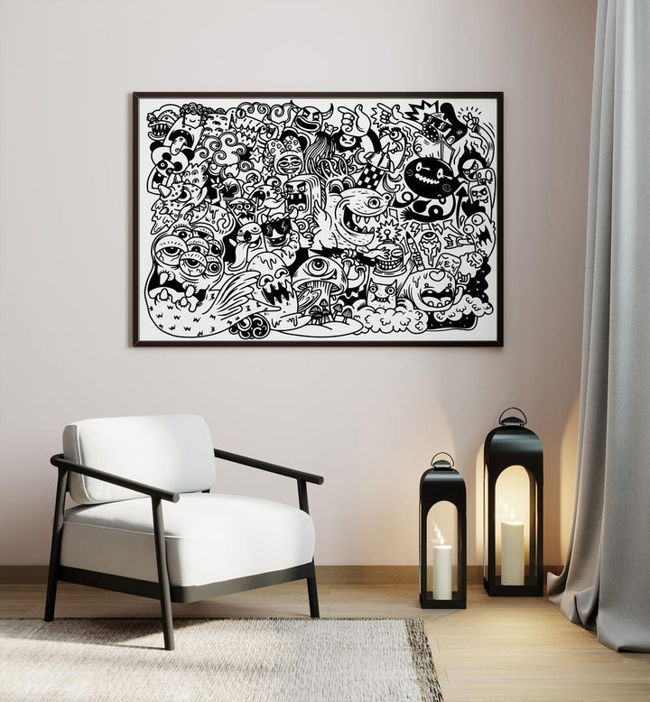 Monster Mayhem Doodle Art Painting in Black Plain Frame placed on wall behind a chair