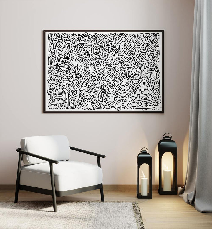 Monster Maze Doodle Art Painting in Black Plain Frame placed on wall behind a chair