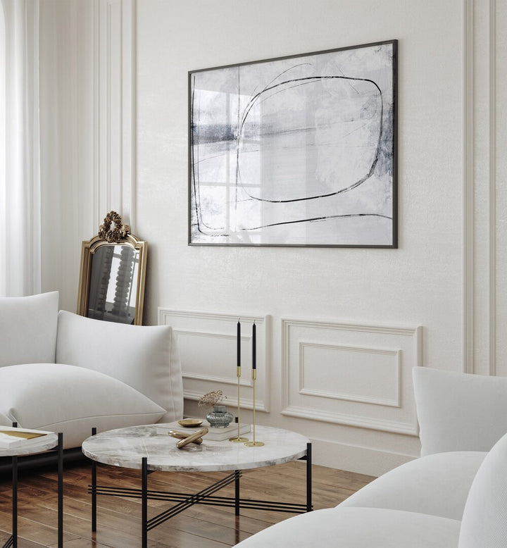 Mood By Dan Hobday Abstract Art Abstract Paintings in Black Plain Frame placed on a White Colored Wall near a White Sofa in the Living Room