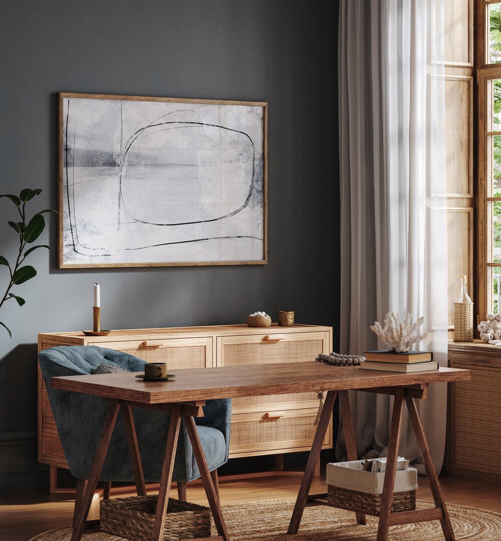 Mood By Dan Hobday Abstract Art Abstract Paintings in Oak Wood Plain Frame placed on a Dark Grey Colored Wall above a Console Table in the Drawing Room