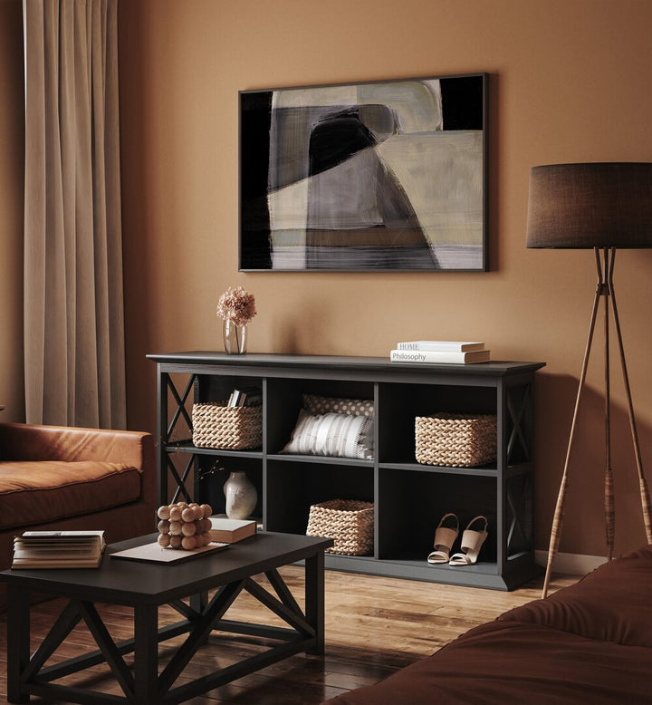 Moods By Dan Hobday Abstract Art Abstract Paintings in Black Plain Frame placed on a Dessert Brown Colored Wall above a Console Table in the Living Room