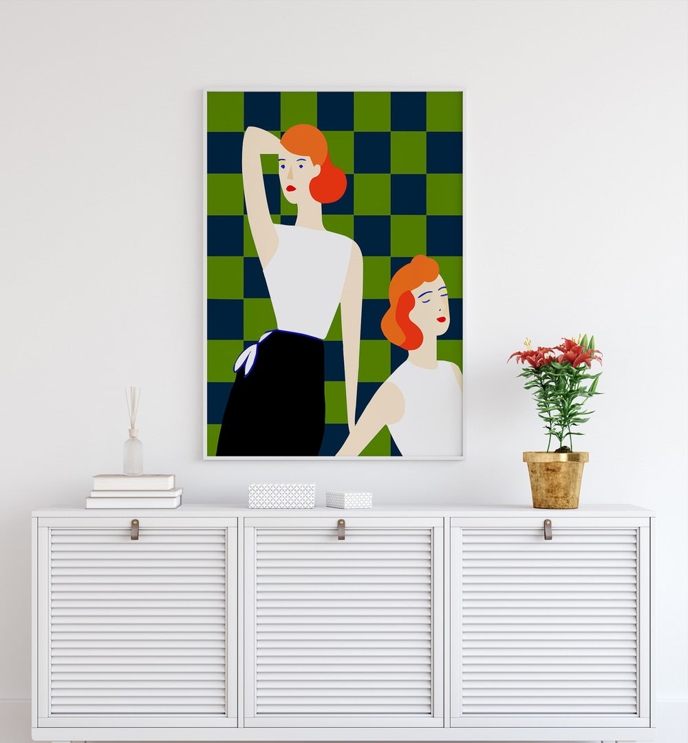 Moods By Uma Gokhale Woman Illustration Paintings in White Plain Frame on a white wall above a console table