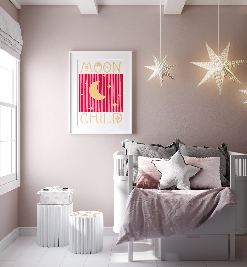 Moon Child By Grace Digital Art Co Kids Paintings in White Frame With Mount placed on a wall beside a sofa