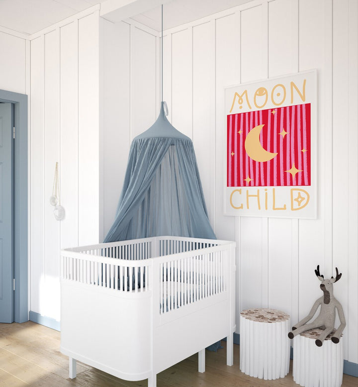 Moon Child By Grace Digital Art Co Kids Paintings in White Plain Frame placed on a wall behind an infants bed