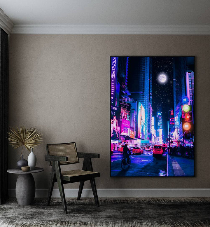 Moon City By Ritvik Takkar Surreal Art Prints in Black Plain Frame placed on a Beige Colored Wall in the Drawing Room