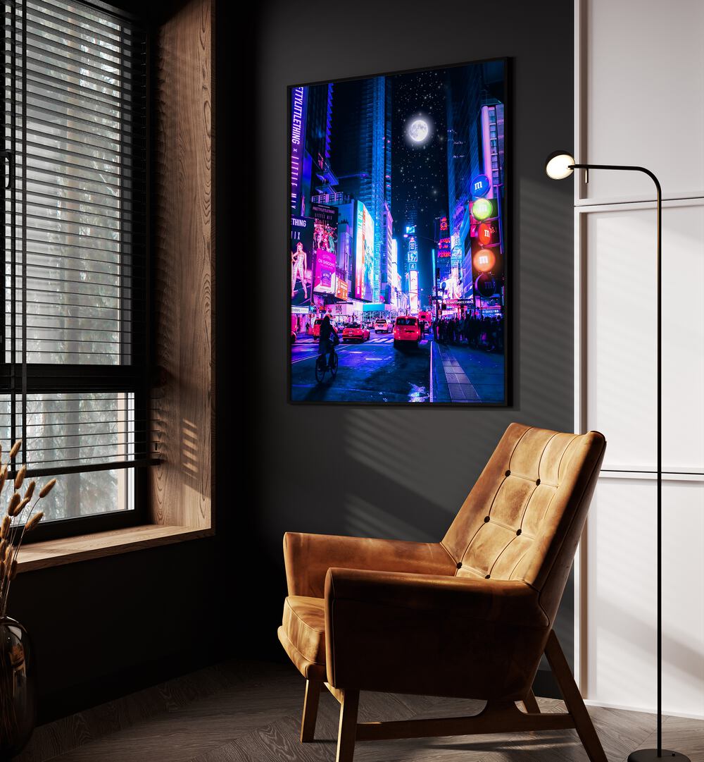 Moon City By Ritvik Takkar Surreal Art Prints in Black Plain Frame placed on a Dark Grey Colored Wall in the Drawing Room