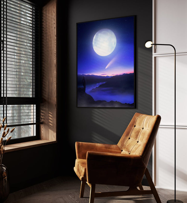 Moon Date By Ritvik Takkar Surreal Art Prints in Black Plain Frame placed on a Dark Grey Colored Wall in the Drawing Room