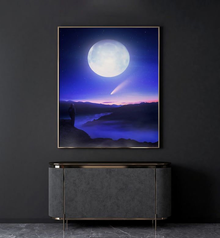 Moon Date By Ritvik Takkar Surreal Art Prints in Gold Plain Frame placed on a Dark Grey Colored Wall above a Console Table in the Drawing Room