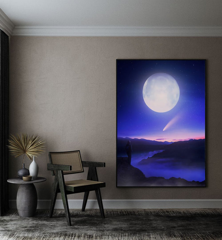 Moon Date By Ritvik Takkar Surreal Art Prints in Black Plain Frame placed on a Beige Colored Wall in the Drawing Room