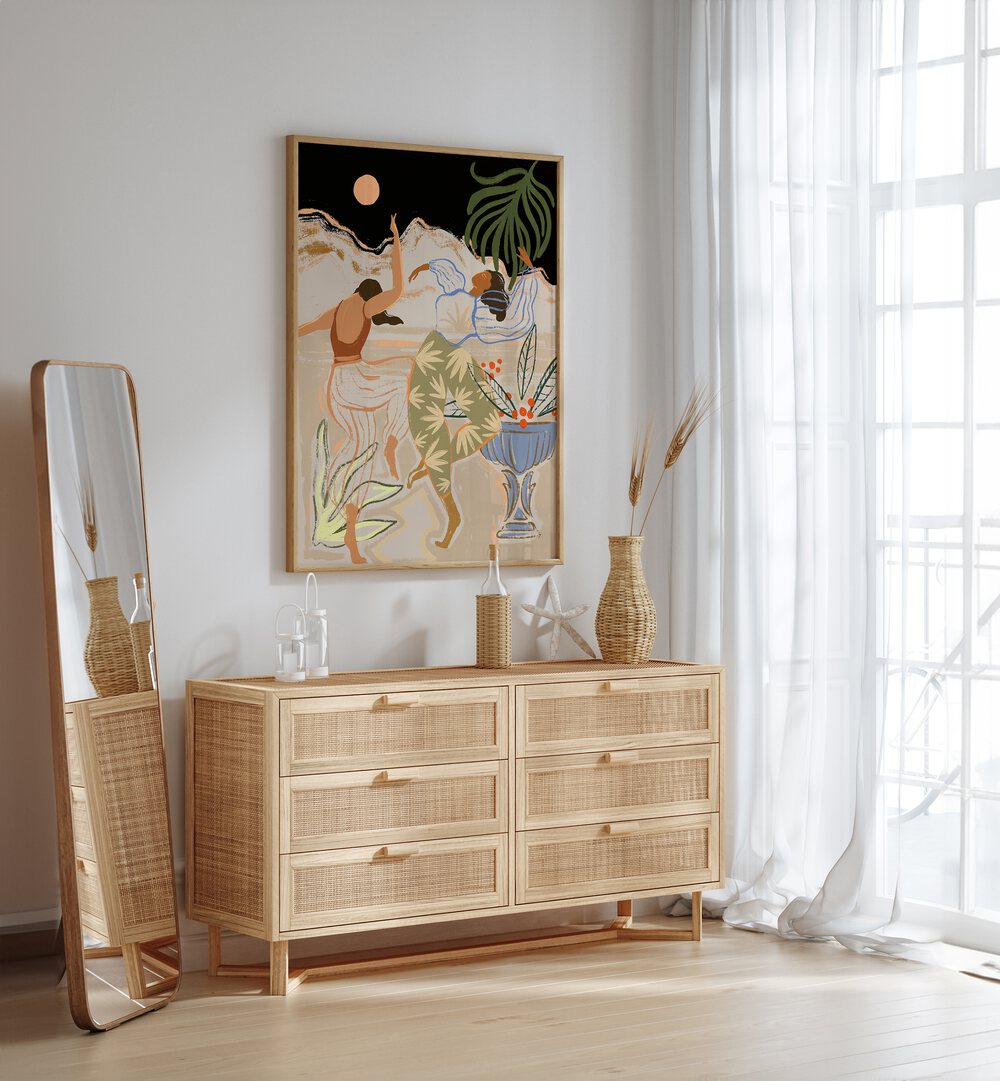 Moon Light Dance By Arty Guava Wall Art Prints in Oak Wood Plain Frame placed on a White Colored Wall above a Console Table in the Drawing Room 