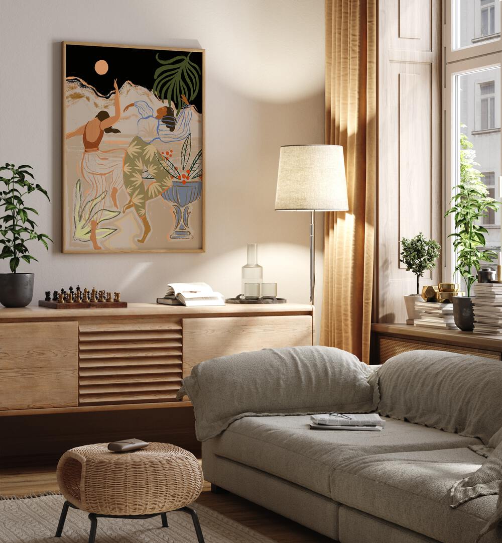 Moon Light Dance By Arty Guava Wall Art Prints in Oak Wood Plain Frame placed on a Cream Colored Wall near a Grey Sofa  in the Living Room