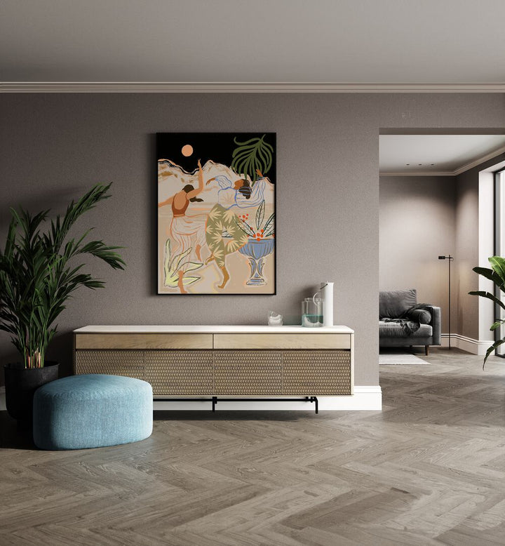 Moon Light Dance By Arty Guava Wall Art Prints in Black Plain Frame placed on a Beige Colored Wall above a Console Table in the Drawing Room