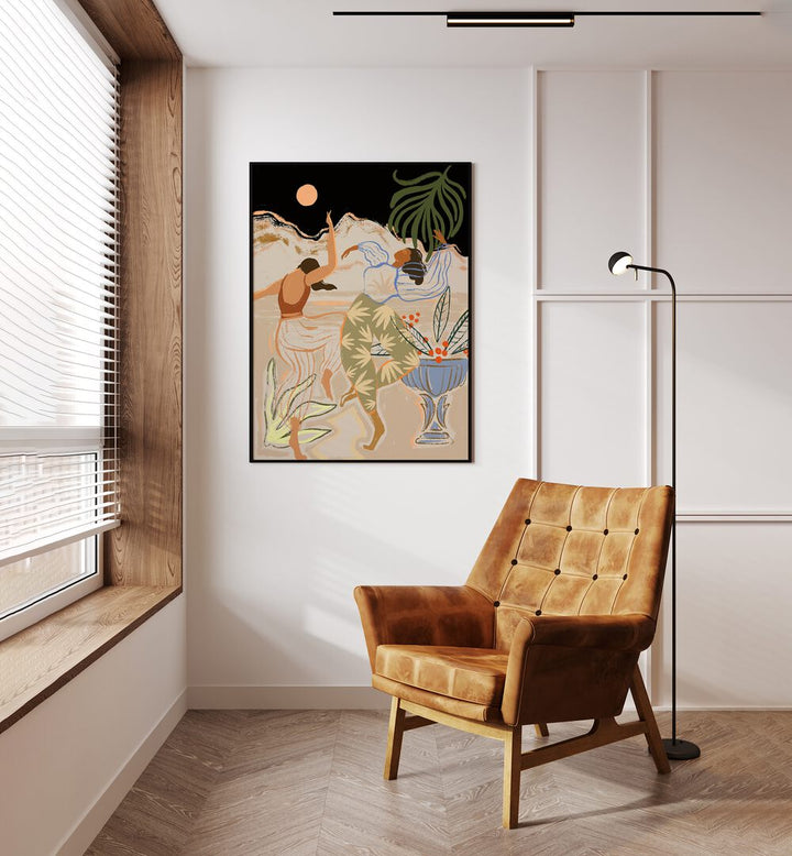 Moon Light Dance By Arty Guava Wall Art Prints in Black Plain Frame placed on a Cream Colored Wall in the Drawing Room