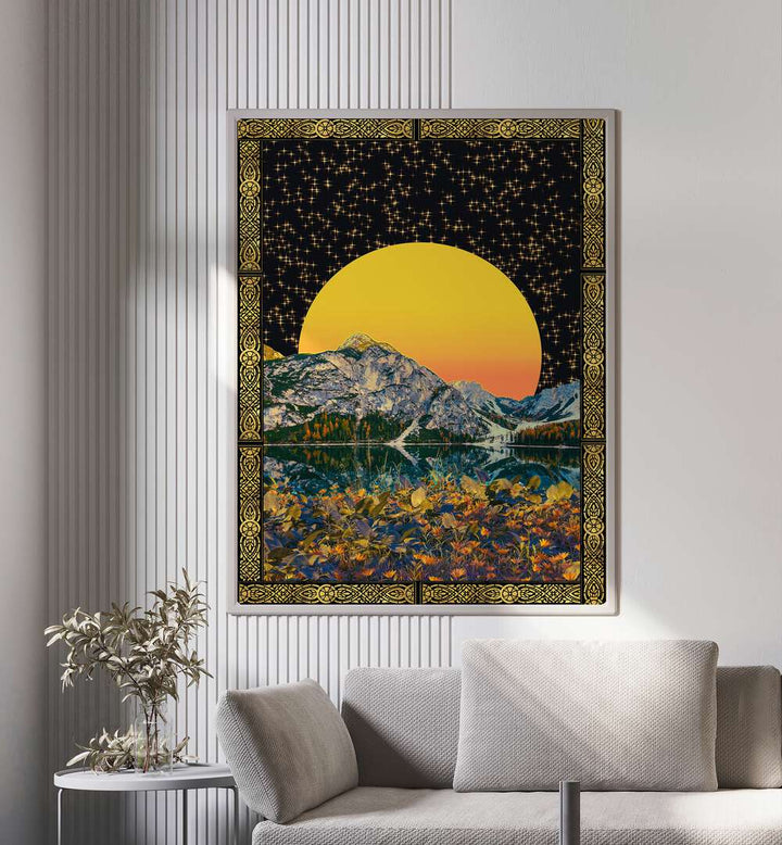 Moon and Stars By Cosmo Zach Surreal Art Prints Surrealism in White Plain Frame placed on a wall behind a sofa