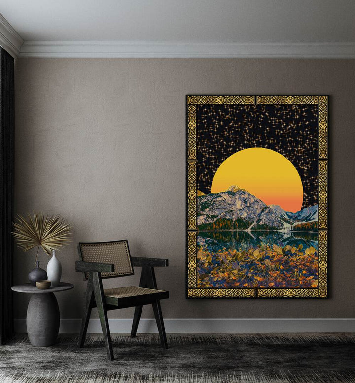 Moon and Stars By Cosmo Zach Surreal Art Prints Surrealism in Black Plain Frame placed on a wall beside a chair