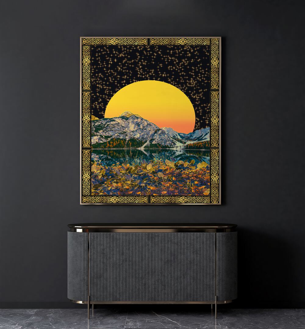 Moon and Stars By Cosmo Zach Surreal Art Prints Surrealism in Dark Wood Plain Frame placed on a wall behind a console table