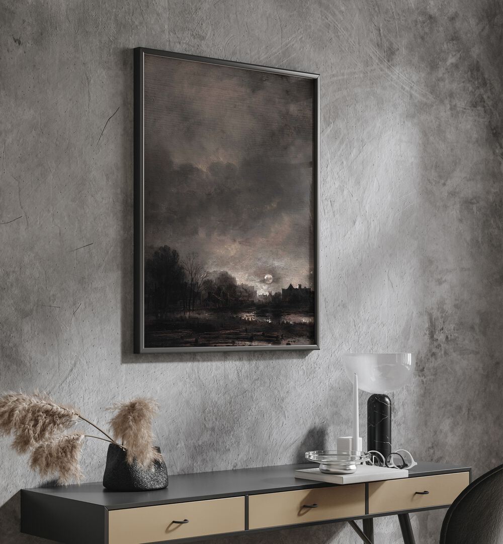 Moonlit Expanse Gothic Wall Art Prints in Black Plain Frame hanging on wall above console table.