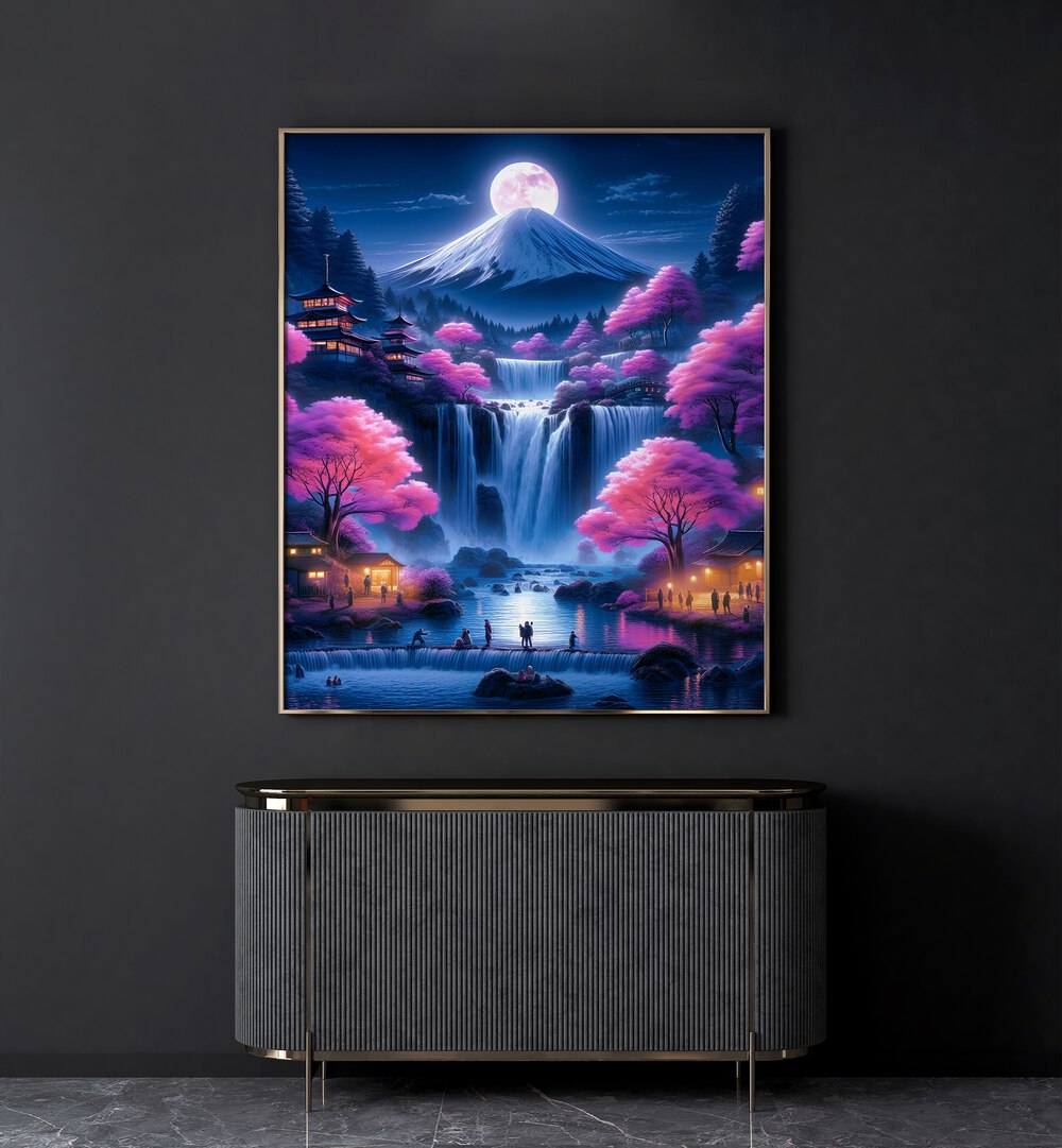 Moonshine Village By Ritvik Takkar Surrealism in Gold Plain Frame placed on a Dark Grey Colored Wall in the Drawing Room