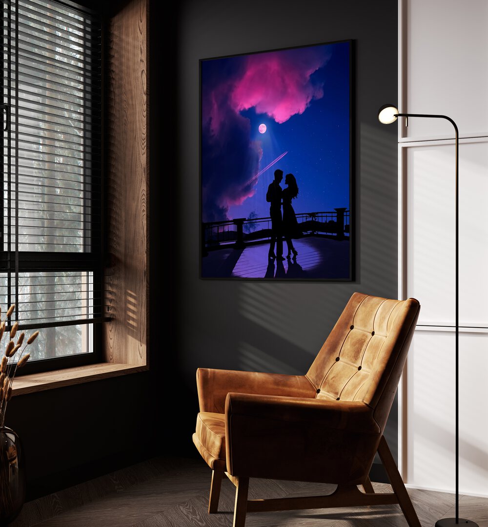 Moonshine Waltz By Ritvik Takkar Surrealism in Black Plain Frame placed on a Dark Grey Colored Wall in the Drawing Room