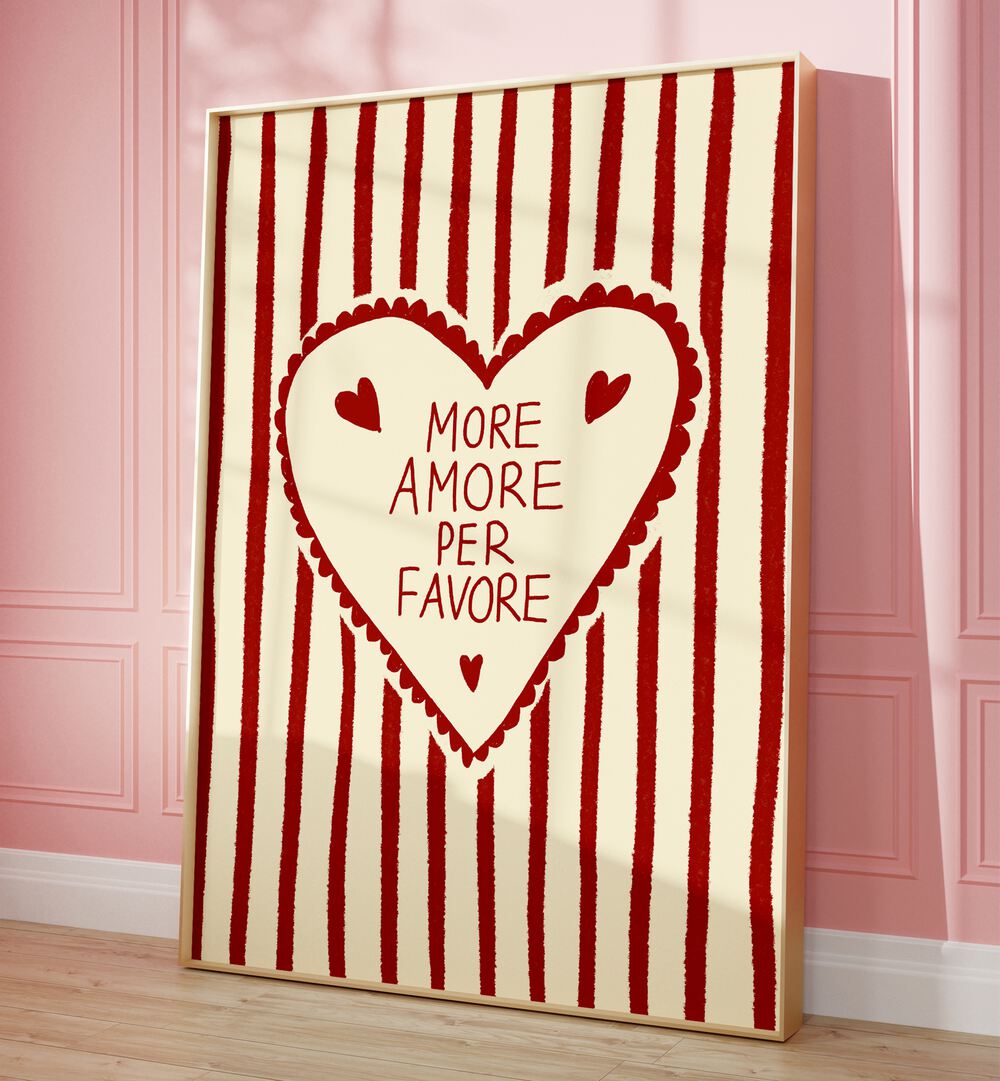 More Amore by Studio Dolci Kitchen Art Prints in Oak Wood Plain Frame placed on the floor