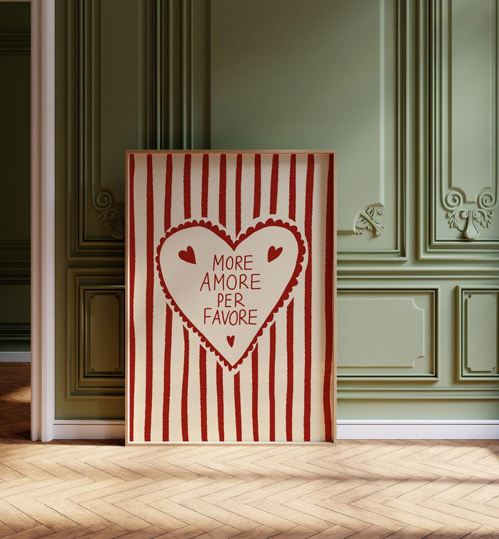 More Amore by Studio Dolci Kitchen Art Prints in Oak Wood Plain Frame placed on a floor beside a window