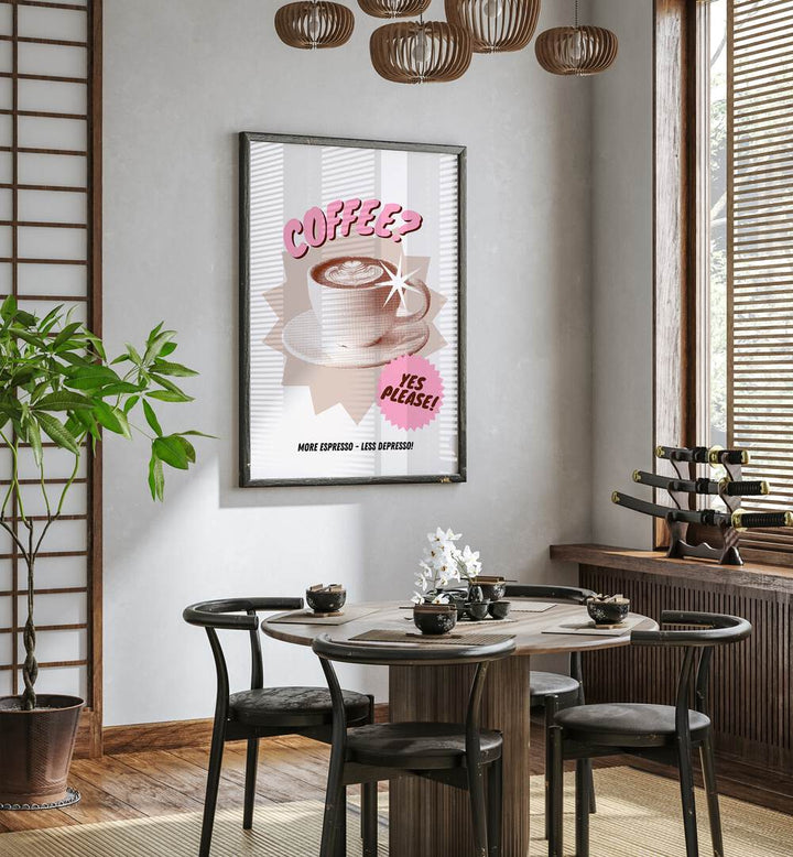 More Espresso-Less Depresso by Athene Fritsch Cafe Art Prints Cafe Posters in Black Plain Frame placed on a wall in a dining room area beside a window and behind a dining table