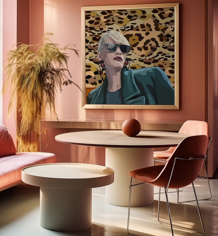 More Self By Lynnda Rakos Pop Art Paintings Pop Art Prints in Oak Wood Plain Frame placed on a wall behind a table