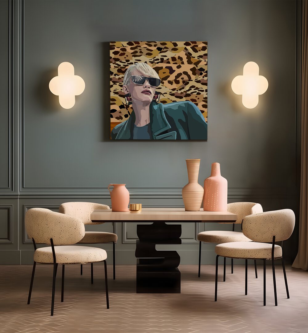 More Self By Lynnda Rakos Pop Art Paintings Pop Art Prints in Gallery Wrap placed on a wall behind a dining table 