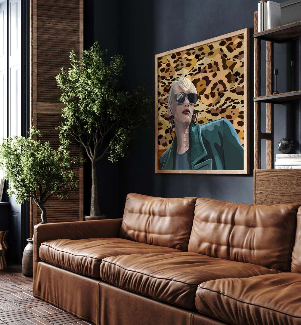 More Self By Lynnda Rakos Pop Art Paintings Pop Art Prints in Oak Wood Plain Frame placed on a wall beside a sofa