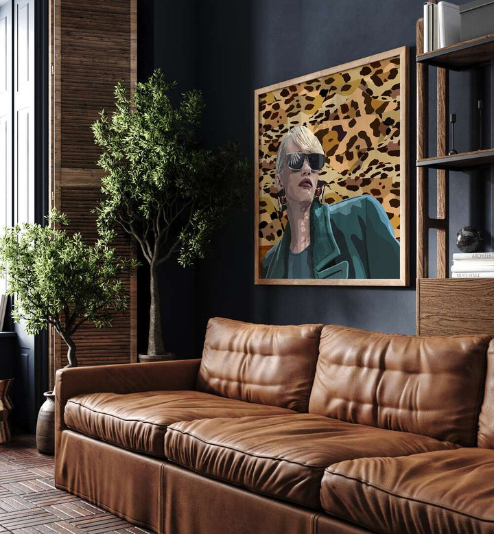 More Self By Lynnda Rakos Pop Art Paintings Pop Art Prints in Oak Wood Plain Frame placed on a wall beside a sofa