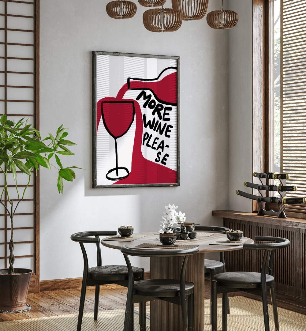 More Wine Please by Athene Fritsch Cafe Art Prints Cafe Posters in Black Plain Frame placed on a wall in a dining room area beside a window and behind a dining table