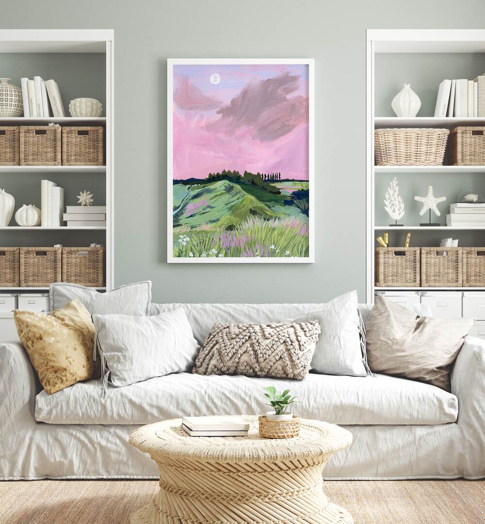 Morning Calm By Sarah Gesek Landscape Art Prints in White Plain Frame placed on a wall behind a sofa