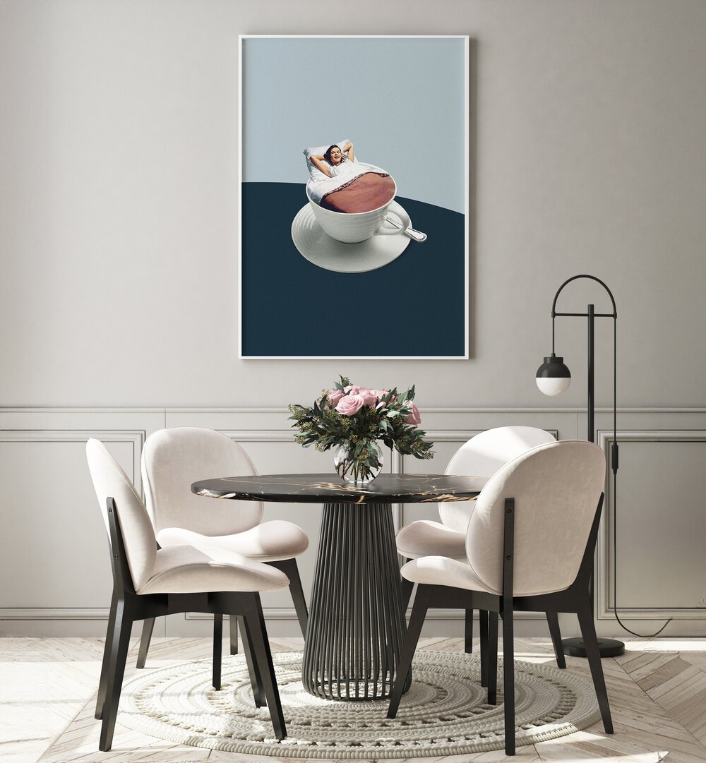 Morning Rituals by Maarten Leon Bar and Cafe Art in White Plain Frame placed on a wall in dining room area behind a dining table