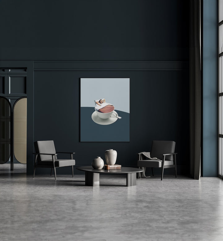 Morning Rituals by Maarten Leon Bar and Cafe Art in Black Plain Frame placed on a wall between chairs and a table