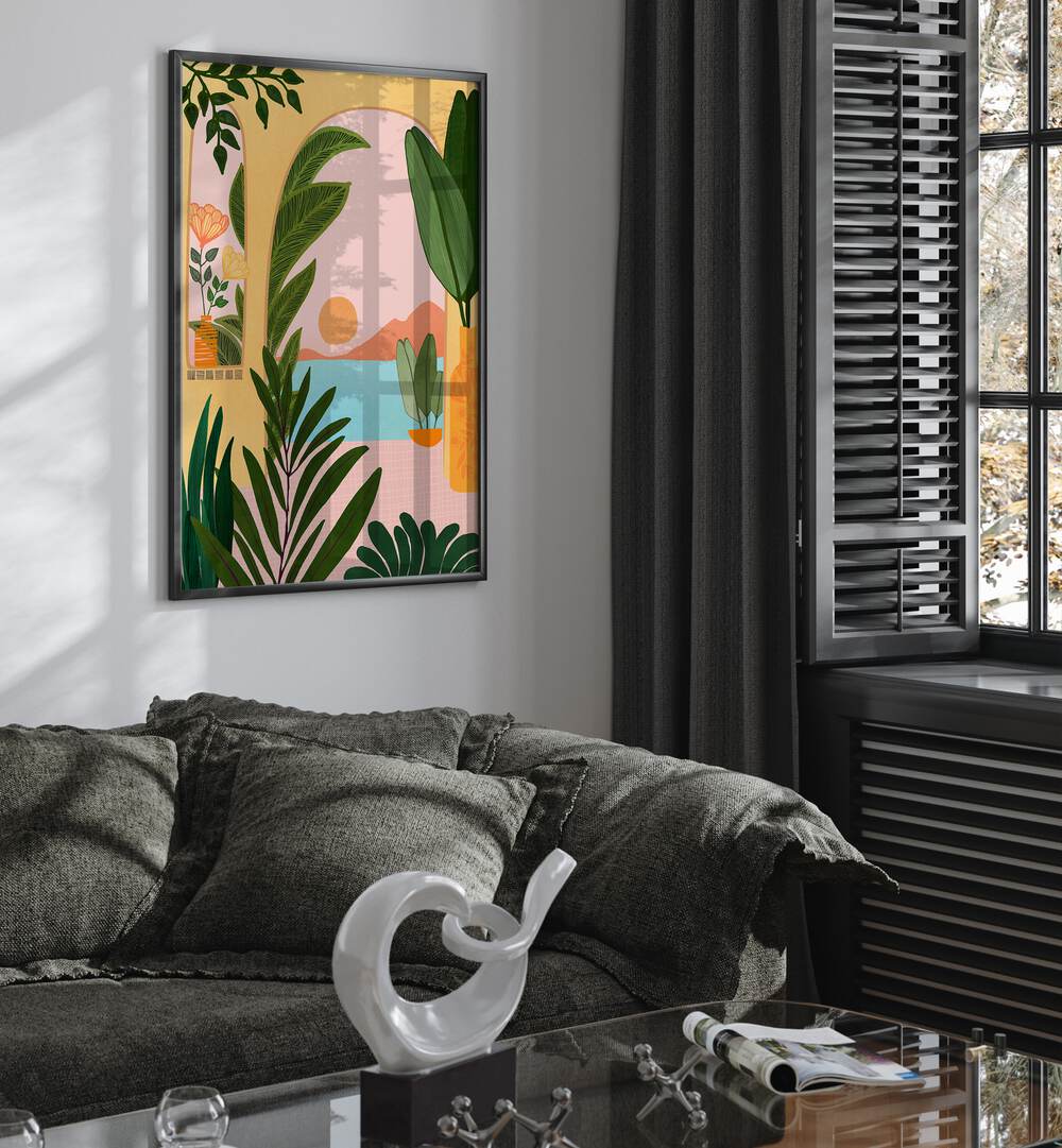 Moroccan Coast by Kristian Gallagher Wall Art Prints in Black Plain Frame placed on a wall beside a window and behind a sofa