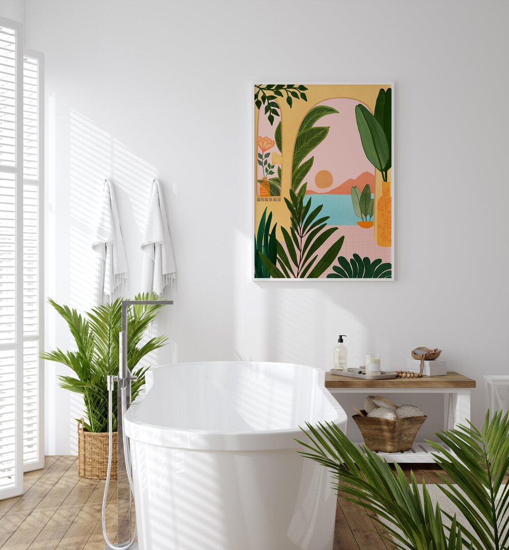 Moroccan Coast by Kristian Gallagher Wall Art Prints in White Plain Frame placed on a white wall behind a bathtub for bathroom