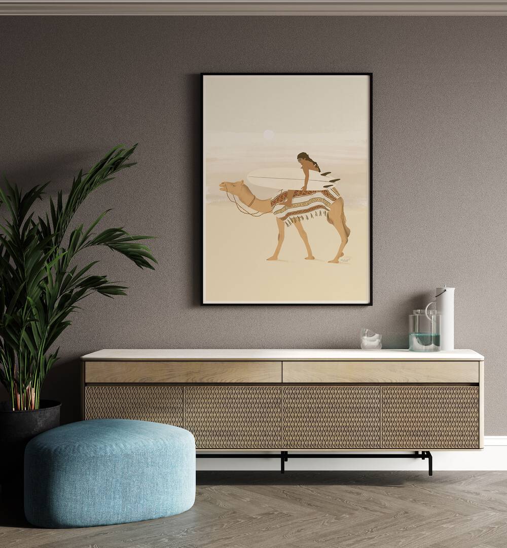 Moroccan Surfing By Andi Bell Beach Prints in Black Plain Frame on a brown wall place above a console table