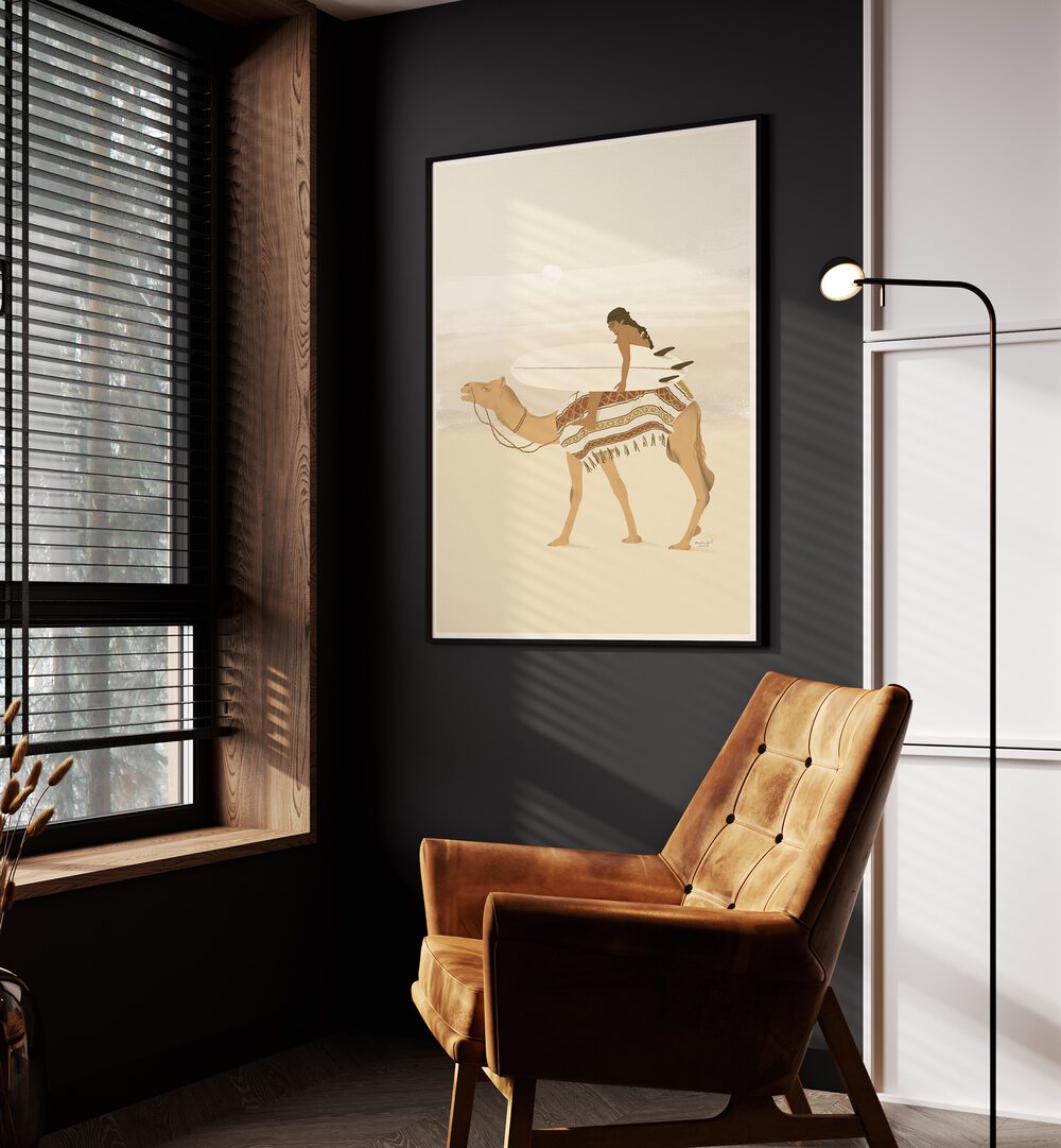 Moroccan Surfing By Andi Bell Beach Prints in Black Plain Frame on a grey wall placed beside an orange sofa