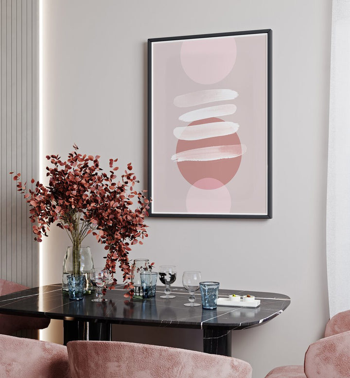 Mosaic Of Pieces By Mareike Bohmer Abstract Art Abstract Paintings in Black Plain Frame placed on a White Colored Wall near a Dining Table in the Dining Room