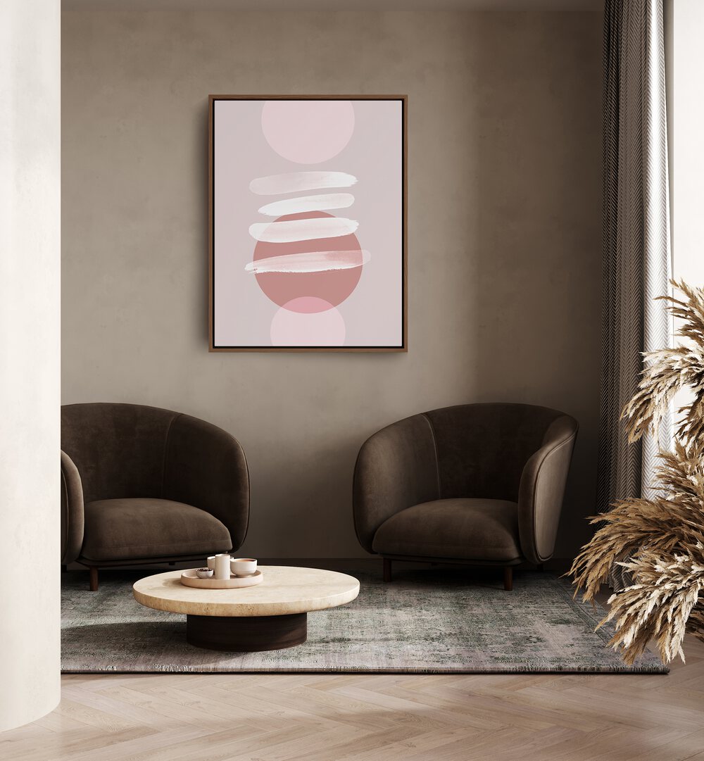 Mosaic Of Pieces By Mareike Bohmer Abstract Art Abstract Paintings in Oak Wood Floater Frame placed on a Beige Colored Wall in the Living Room