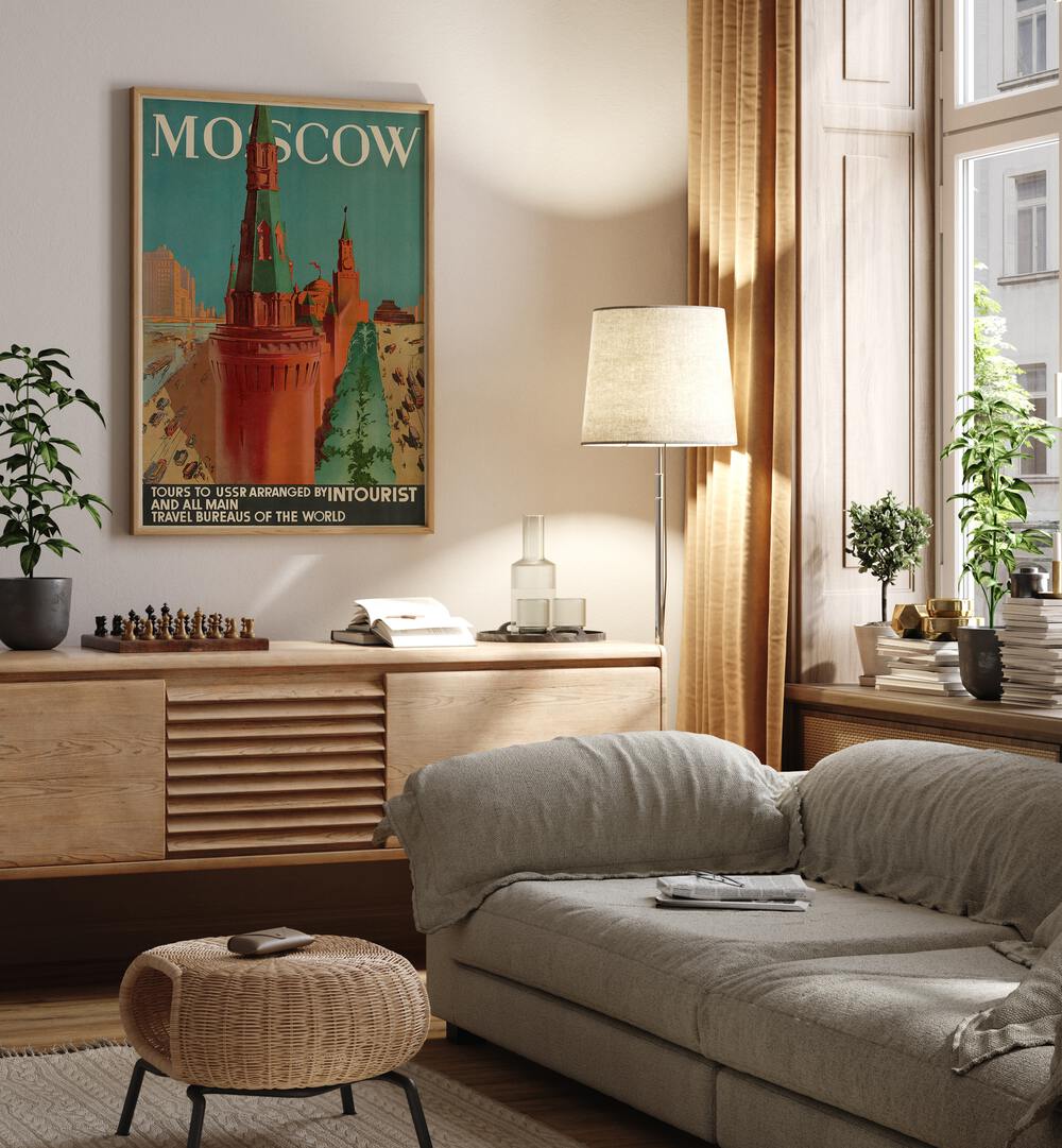 Moscow Retro Vintage Travel Vintage Travel Posters in Oak Wood Plain Frame on  a wall above a console table beside a lamp