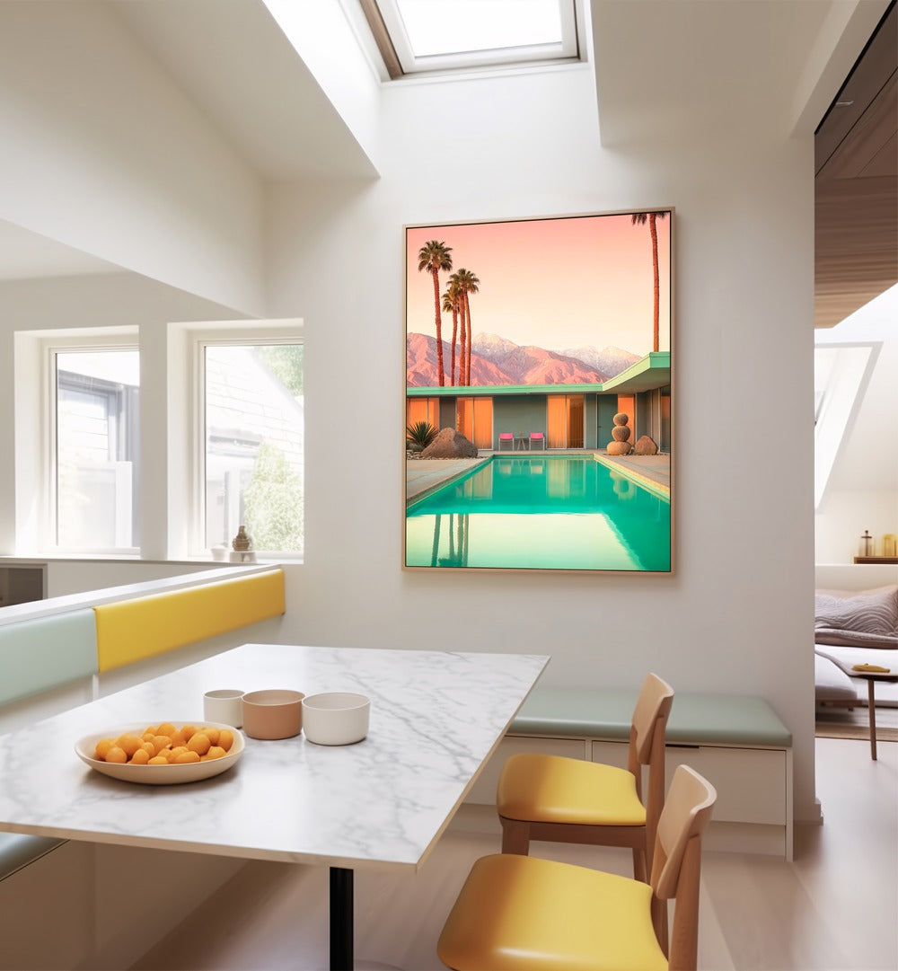Vibrant artwork of MOTEL 66 PALM SPRINGS, BEACH PAINTINGS showcasing mid-century design and a serene pool view.
