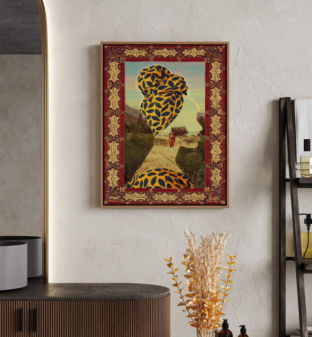 Mother By Cosmo Zach Surreal Art Prints Surrealism in Oak Wood Floater Frame placed on a wall behind a console table