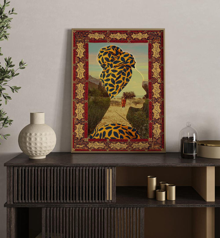 Mother By Cosmo Zach Surreal Art Prints Surrealism in Oak Wood Plain Frame placed on  a console table