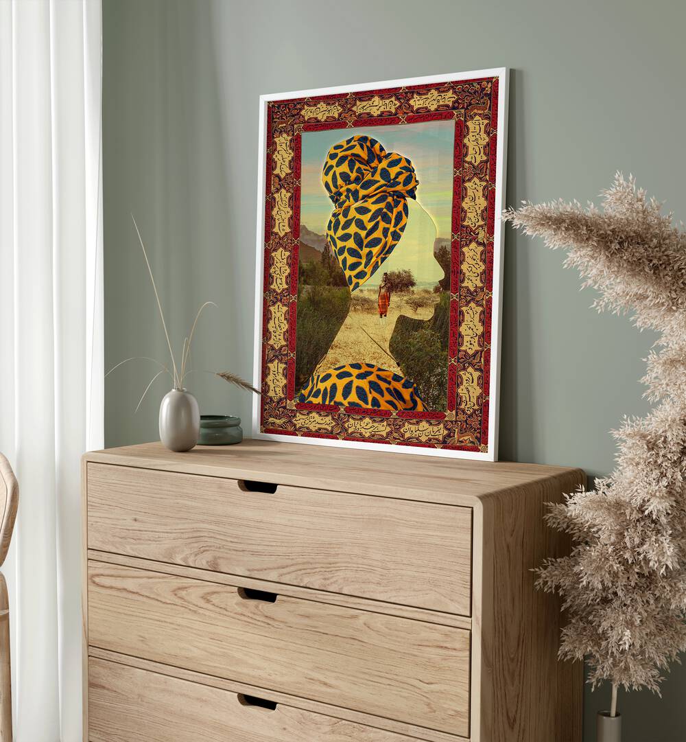 Mother By Cosmo Zach Surreal Art Prints Surrealism in White Plain Frame placed on a console table