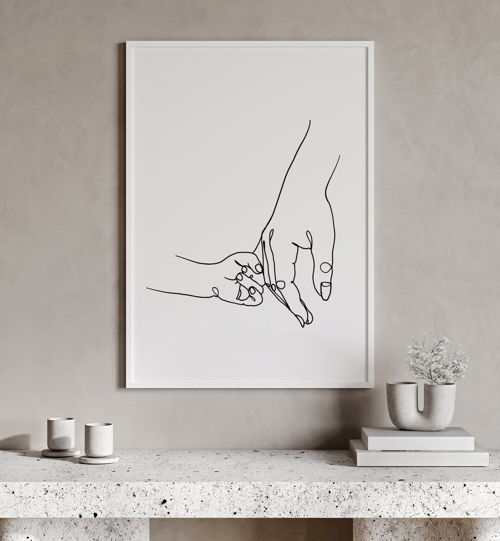 Mother and Daughter by Hanna Lee Tidd Line Art Paintings Line Art Prints in White Plain Frame placed on a wall behind a table