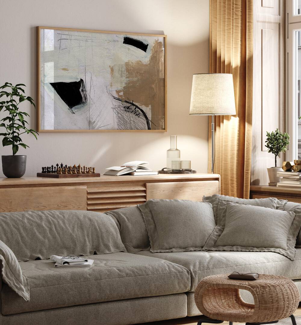 Motion By Dan Hobday Abstract Art Abstract Paintings in Oak Wood Plain Frame placed on a Cream Colored Wall above a Console Table near a Beige Sofa in the Living Room