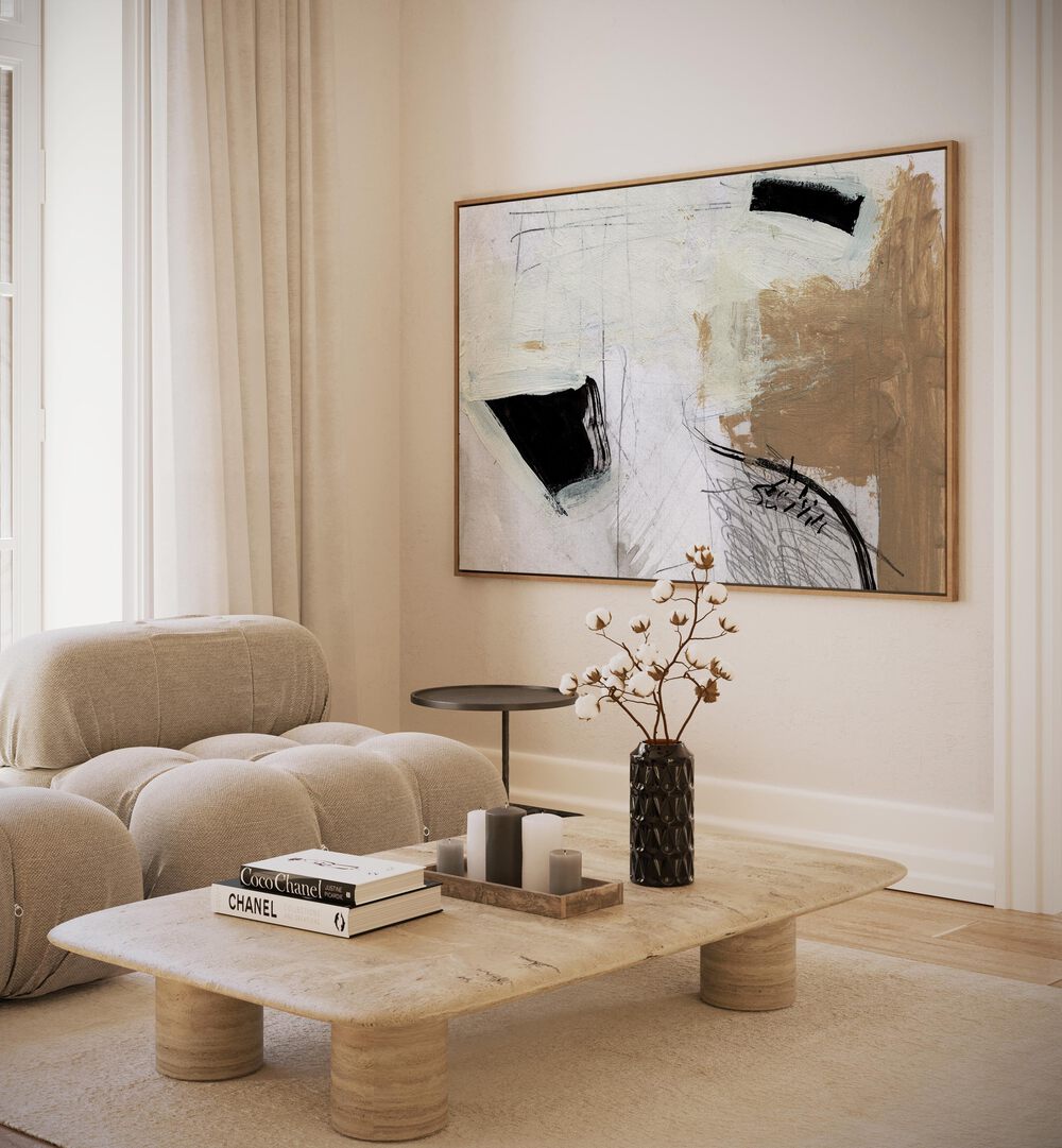 Motion By Dan Hobday Abstract Art Abstract Paintings in Oak Wood Plain Frame placed on a Cream Colored Wall near a Beige Sofa in the Living Room